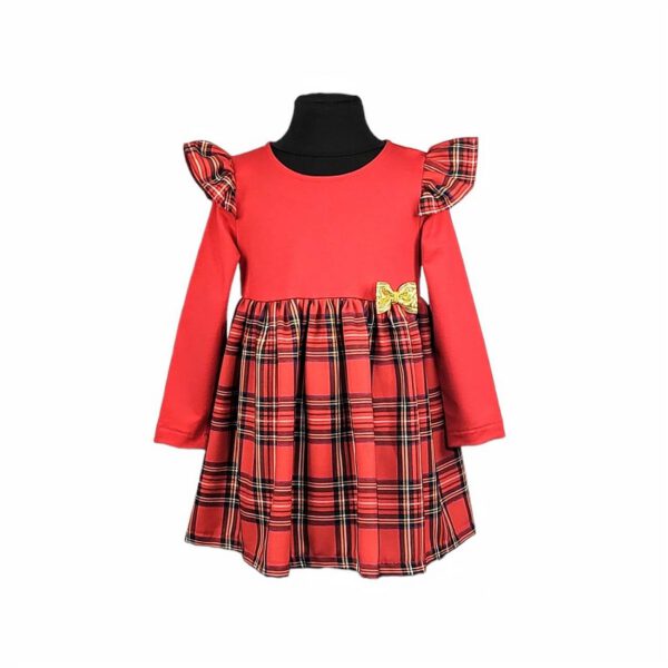 sukienka niemowleca czerwona w kratke czerwona na dlugi rekaw ze zlota kokardka i falbankami na ramionach rozmiary 74 86 przod