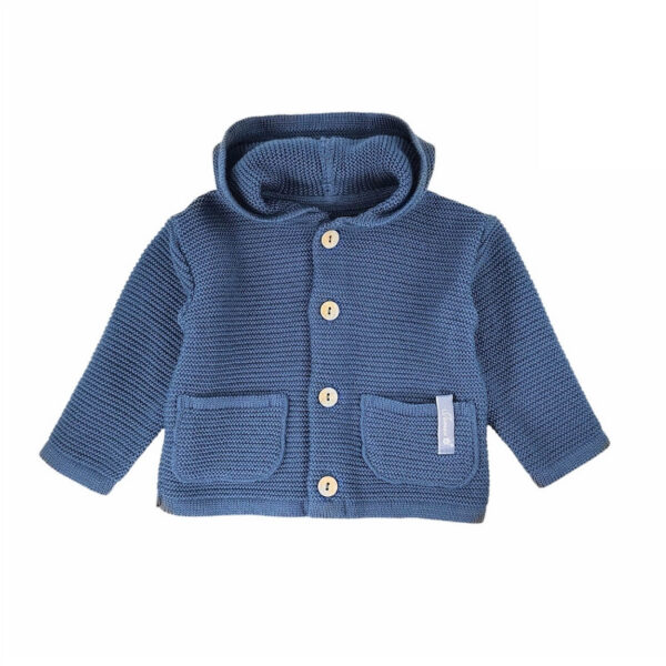 sweter niemowlecy ciemno niebieski z kapturem i kieszeniami rozpinany na guziki rozmiary 62 86 przod