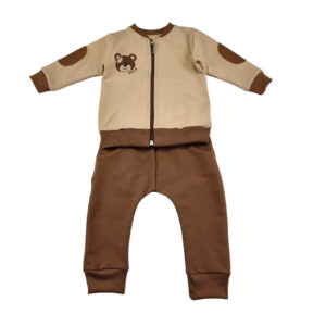 komplet niemowlecy bezowo brazowy na dlugi rekaw z nadrukiem misia bluza spodnie rozmiar 80 przod 2