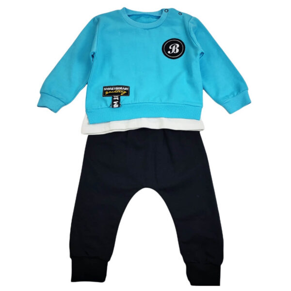 komplet niemowlecy bluza niebieska na dlugi rekaw z aplikacjami spodnie czarne 80 86 przod