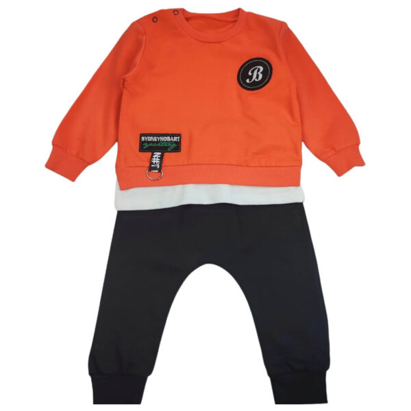 komplet niemowlecy bluza pomaranczowa na dlugi rekaw z aplikacjami spodnie czarne 80 86 przod