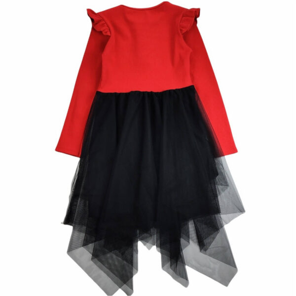 sukienka dziewczeca czerwona z czarnym tiulem dolem na dlugi rekaw z falbankami i zlotymi guzikami 146 tyl