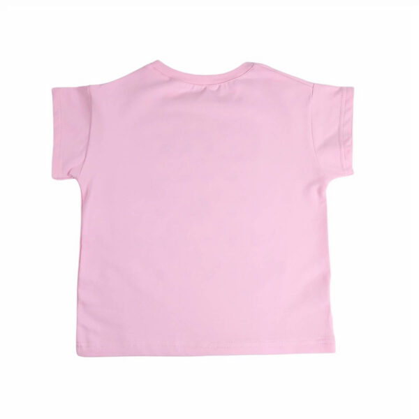 bluzka dziewczeca na krotki rekaw rozowa z biala aplikacja misia rozmiary 104 110 do 152 158 tyl