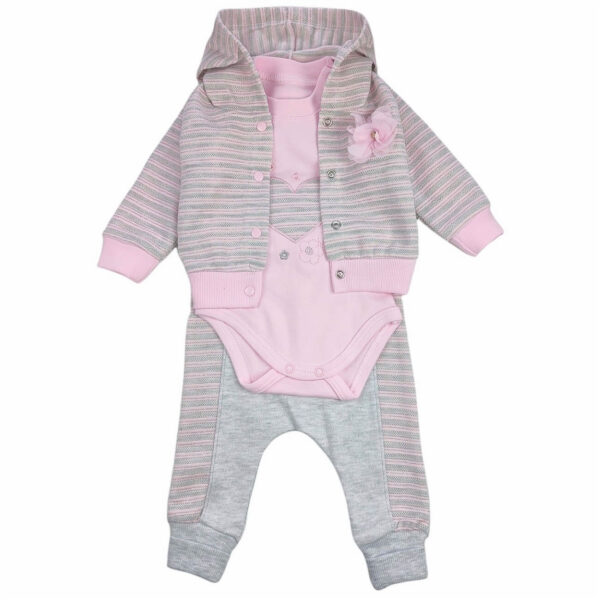 komplet niemowlecy rozowo popielaty na dlugi rekaw bluza rozpinana z kapturem body rozowe i spodnie rozmiar 56 62 przod