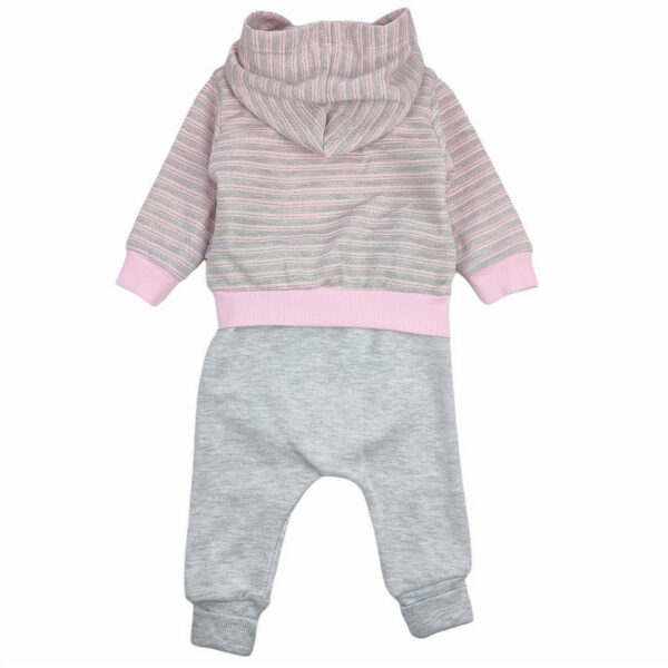 komplet niemowlecy rozowo popielaty na dlugi rekaw bluza rozpinana z kapturem body rozowe i spodnie rozmiar 56 62 tyl