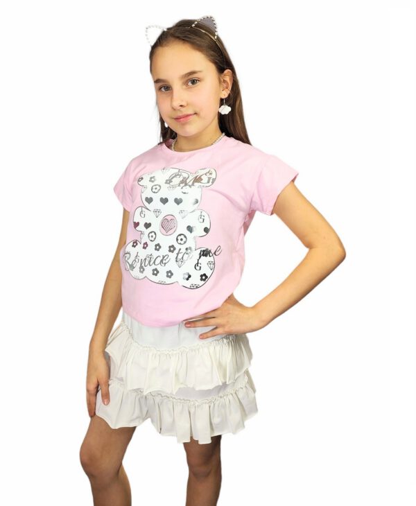 spodnica dziewczeca kremowa z falbankami z gumka w pasie rozmiary 104 110 do 152 158 bluzka rozowa modelka