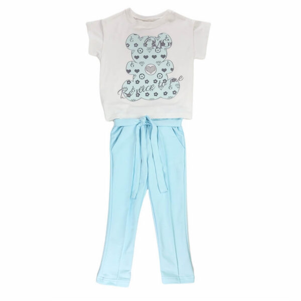 spodnie dziewczece jasno niebieskie elegancko sportowe z gumka i wiazaniem w pasie bluzka kremowa rozmiary 104 110 do 152 158 komplet