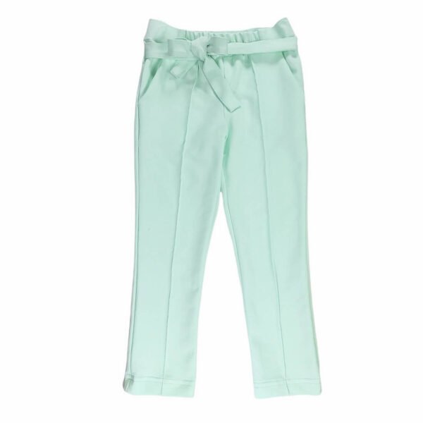 spodnie dziewczece jasno zielone elegancko sportowe z gumka i wiazaniem w pasie rozmiary 104 110 do 152 158 przod