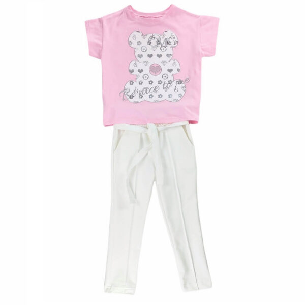 spodnie dziewczece kremowe elegancko sportowe z gumka i wiazaniem w pasie bluzka rozowa rozmiary 104 110 do 152 158 komplet