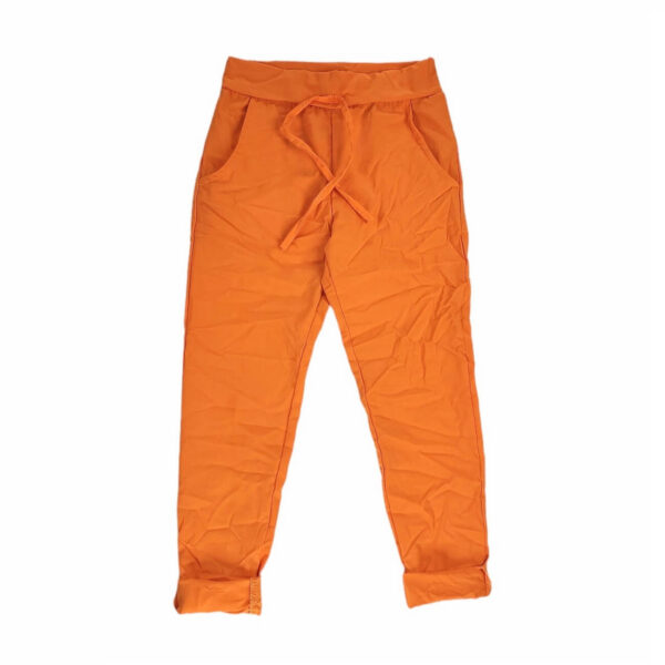 spodnie dziewczece pomaranczowe gniotki rozciagliwe guma w pasie z kieszeniami rozmiary 122 158 przod 2