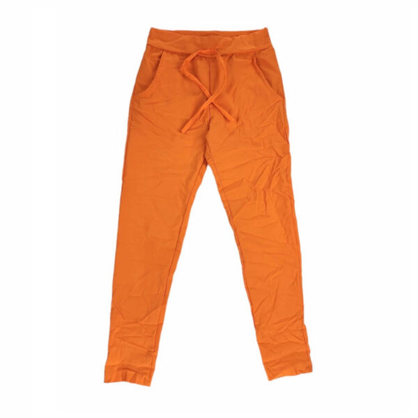 spodnie dziewczece pomaranczowe gniotki rozciagliwe guma w pasie z kieszeniami rozmiary 122 158 przod