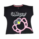 Bluzka t-shirt dziewczęca czarna z ozdobną aplikacją 3D i cyrkoniami na krótki rękaw 140-164
