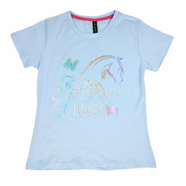 bluzka dziewczeca jasno blekitna z nadrukiem konia z napisami w ozdobne cyrkonie rozmiary 140 164 przod