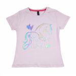Bluzka t-shirt dziewczęca jasny fiolet na krótki rękaw z nadrukiem konia z napisami w cyrkonie 122-146