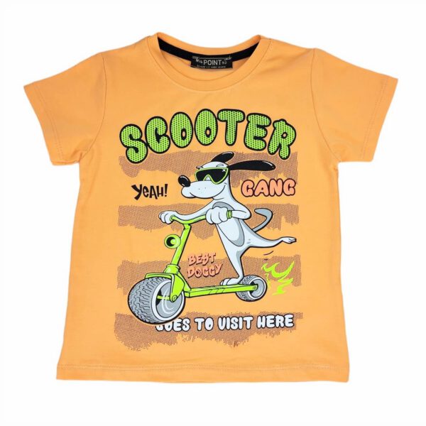 bluzka t shirt chlopieca pomaranczowa na krotki rekaw z napisami i psem na skuterze rozmiary 92 116 przod