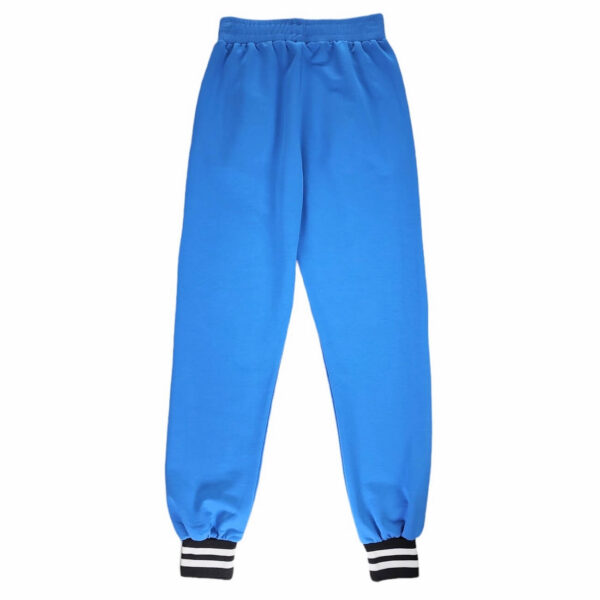 spodnie sportowe niebieskie chlopiece ze sciagaczami z aplikacja z numerami z kieszeniami rozmiary 140 164 tyl