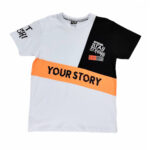 Bluzka t-shirt chłopięca biało-czarna z pomarańczem, z napisem Your Story, na krótki rękaw, rozmiary 140-164