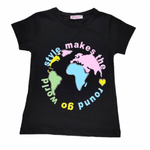 bluzka dziewczeca czarna ze wzorem kolorowym kontynentow na krotki rekaw rozmiary 128 164 przod