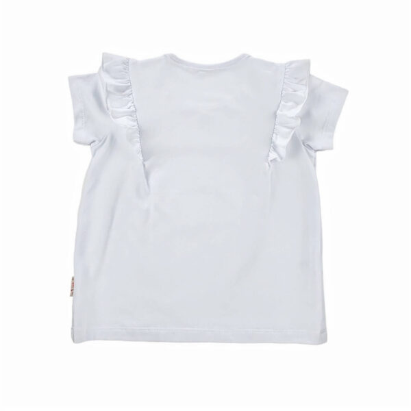 bluzka dziewczeca biala z krotkim rekawem z perelkami pod szyja i falnankami na ramionach rozmiary 104 122 tyl