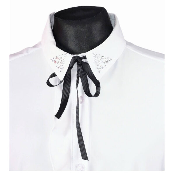 bluzka wizytowa dziewczeca biala na krotki rekawek z ozdobna falbanka wzdluz guzikow z kolnierzykiem z cyrkoniami z czarna kokardka rozmiary134 164 kolnierz