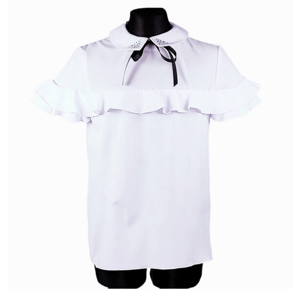 bluzka wizytowa dziewczeca biala na krotki rekawek z ozdobna falbanka z kolnierzykiem z cyrkoniami i czarna kokardka rozmiary 134 164 przod