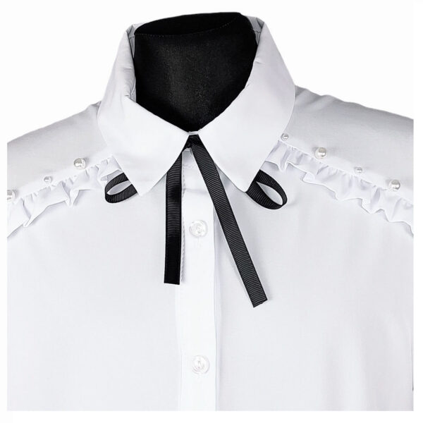 bluzka wizytowa dziewczeca biala na krotki rekawek z ozdobnymi perelkami i falbanka i czarna kokardka rozmiary 134 164 przod perelki