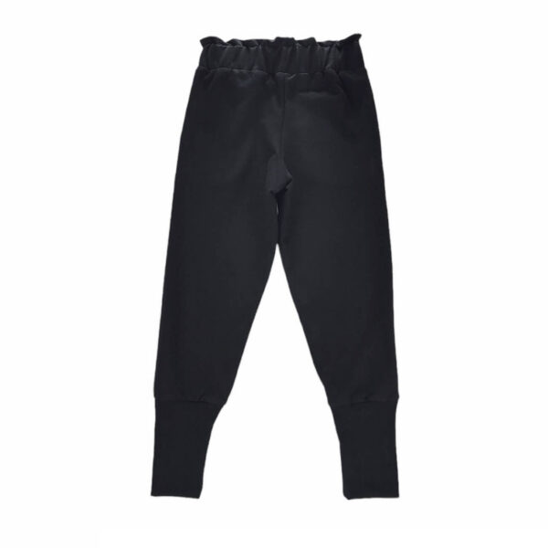 spodnie dziewczece czarne z guma w pasie z kieszeniami z wysokimi sciagaczami w nogawkach rozmiary 110 134 tyl