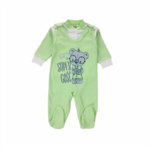komplet niemowlecy biala koszulka rozpinana z przodu i spioszki jasno zielone super gosc rozpinane na ramionach i na dole rozmiary 50 86 przod