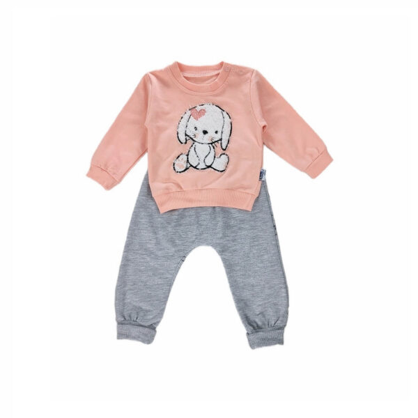 komplet niemowlecy brzoskwiniowa bluza z aplikacja rozpinana na ramieniu i spodnie popielate z gumka w pasie rozmiary 68 80 przod