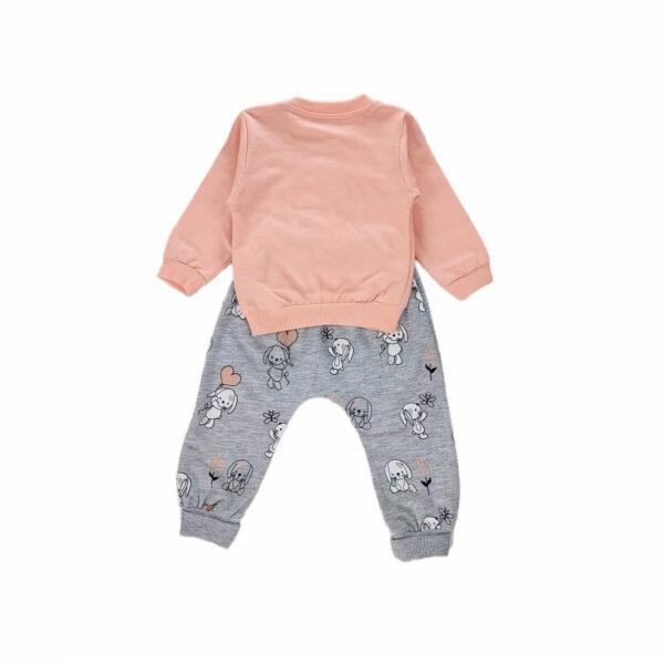 komplet niemowlecy brzoskwiniowa bluza z aplikacja rozpinana na ramieniu i spodnie popielate z gumka w pasie rozmiary 68 80 tyl