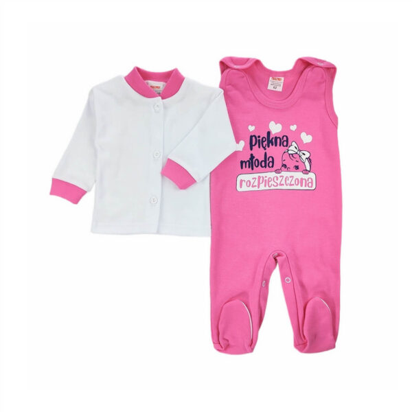 komplet niemowlecy koszulka biala rozpinana z przodu i spioszki rozowe z napisem piekna mloda rozpieszczona rozpinane na ramionach i dolem rozmiary 50 86 przod osobno