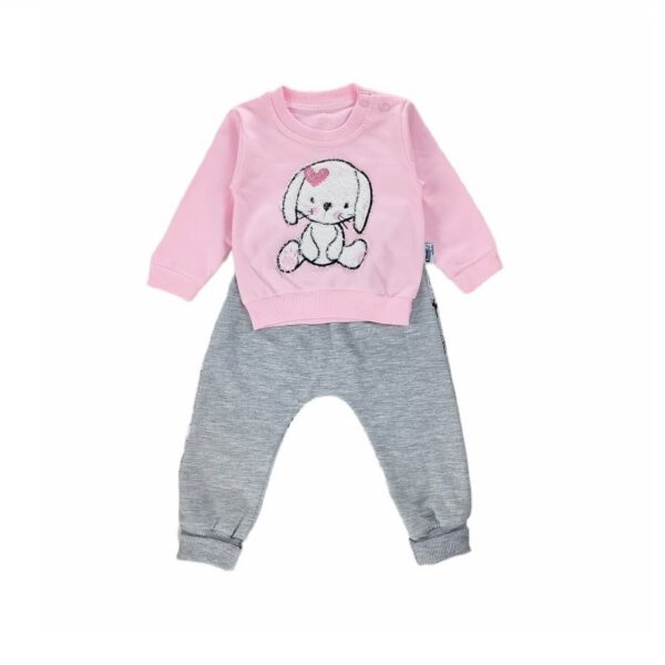 komplet niemowlecy rozowa bluza z aplikacja rozpinana na ramieniu i spodnie popielate z gumka w pasie rozmiary 68 80 przod 1