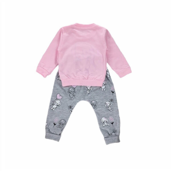 komplet niemowlecy rozowa bluza z aplikacja rozpinana na ramieniu i spodnie popielate z gumka w pasie rozmiary 68 80 tyl