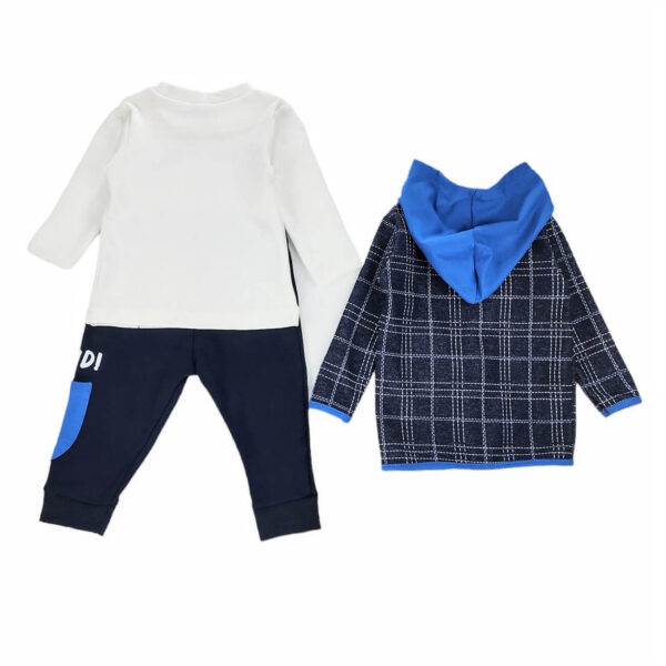 komplet niemowlecy bluza granatowa z niebieska kratka z kapturem bluzka ecru z motywem misia i spodnie granatowe rozmiary 68 86 tyl