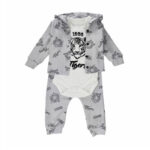 Komplet niemowlęcy na długi rękaw z tygrysem, body ecru, bluza jasny-popiel rozpinana na napki i spodnie jasny-popiel, 0-3 i 3-6 miesięcy