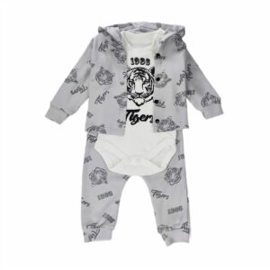 komplet niemowlecy jasno popielaty w napisy bluza z kapturem rozpinana spodnie z gumka w pasie i body ecru z napisami rozpinane rozmiary 0 3 miesiace do 3 6miesiecy przod