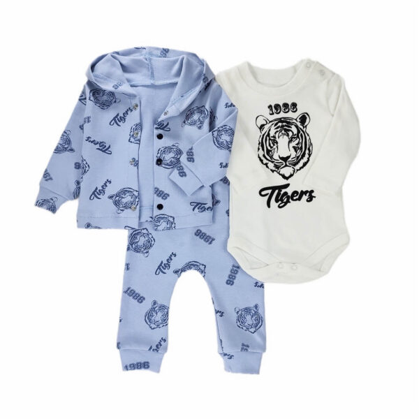 komplet niemowlecy niebieski w napisy bluza z kapturem rozpinana spodnie z gumka w pasie i body ecru z napisami rozpinane rozmiary 0 3 miesiace do 3 6miesiecy przod 2