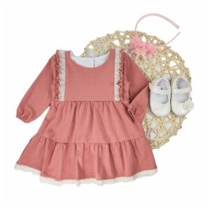sukienka niemowleca roz puder na dlugi rekaw z falbankami z koronka ecru rozmiary 68 86 przod 2