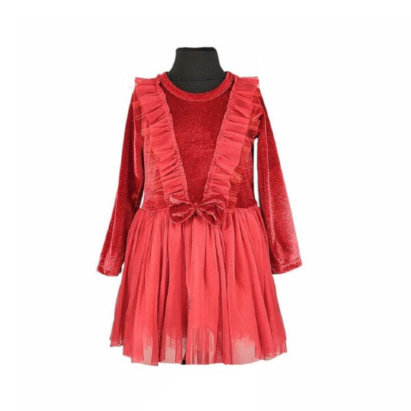 czerwona sukienka swiateczna z weluru z tiulem i falbankami z kokardka rozmiary 98 128 przod2