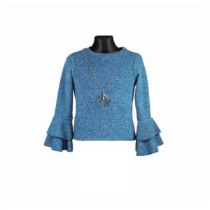 niebieski sweterek dziewczecy z dlugim rekawem z falbankami i wisiorkiem rozmiary 128 158 przod