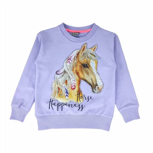 fioletowa bluza dziewczeca z koniem i cyrkoniami na dlugi rekaw rozmiary 104 128 przod