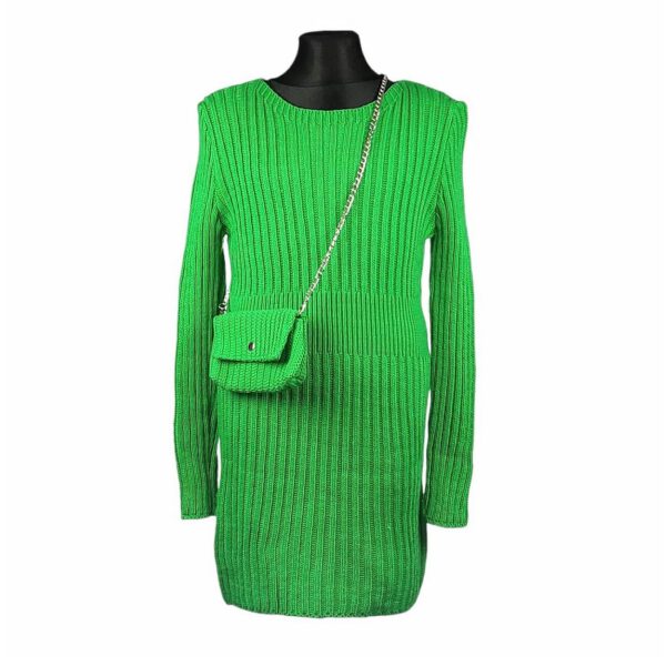 zielona tunika dziewczeca sweterkowa z torebka na lancuszku z dlugim rekawem rozmiary 122 152 przod