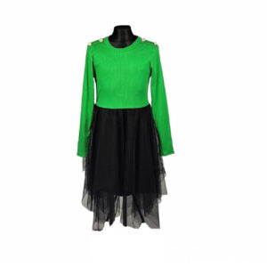 zielono czarna sukienka dziewczeca na dlugi rekaw zielona gora z dzianiny ze zlotymi guzikami na ramionach czarny dol z tiulem i podszewka rozmiary 122 152 przod