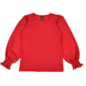 Bluzka dziewczeca czerwona z dlugim rekawem z gumkami w mankiecie i falbankami z cyrkoniami z tylu rozmiary 110 128 przod