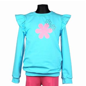 Niebieska bluza dziewczeca z dlugim rekawem z rozowym kwiatkiem z cyrkoniami i falbankami na ramionach rozmiary 98 140 przod