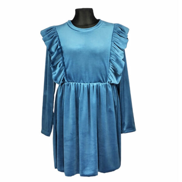 Sukienka dziewczeca niebieska welurowa z dlugim rekawem z falbankami z gumka w pasie rozmiary 128 152 przod