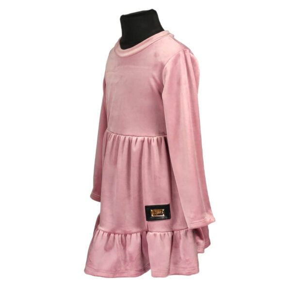 Sukienka dziewczeca roz pudrowy welurowa z dlugim rekawem z falbankami rozmiary 92 110 bok