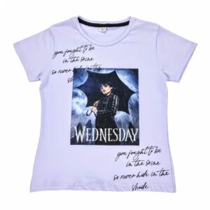 wednesday bluzka dziewczeca tshirt fioletowa z krotkim rekawem z napisem wednesday rozmiary 140 164 przod