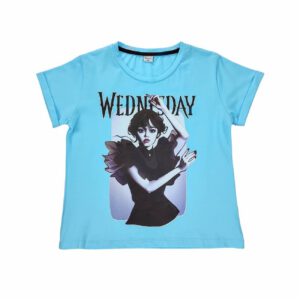 wednesday niebieska bluzka t shirt dziewczeca z krotkim rekawem z obrazkiem wednesday z przodu rozmiary 140 164 przod