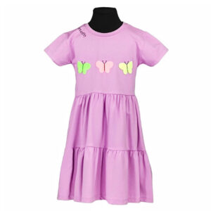 sukienka dziewczeca fioletowa z krotkim rekawem z falbankami bawelna z aplikacja z motylami rozmiary 110 134 przod